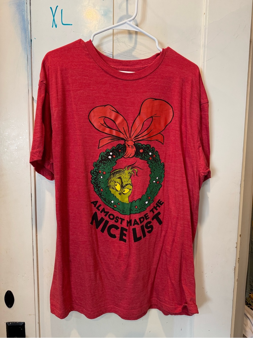 Red Grinch Graphic Short Sleeve Tee - Holiday Wreath Design